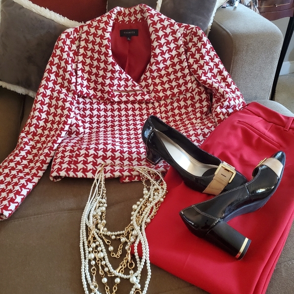 Talbots Jackets & Blazers - Talbots Red & White Houndstooth Wool Moto Jacket
